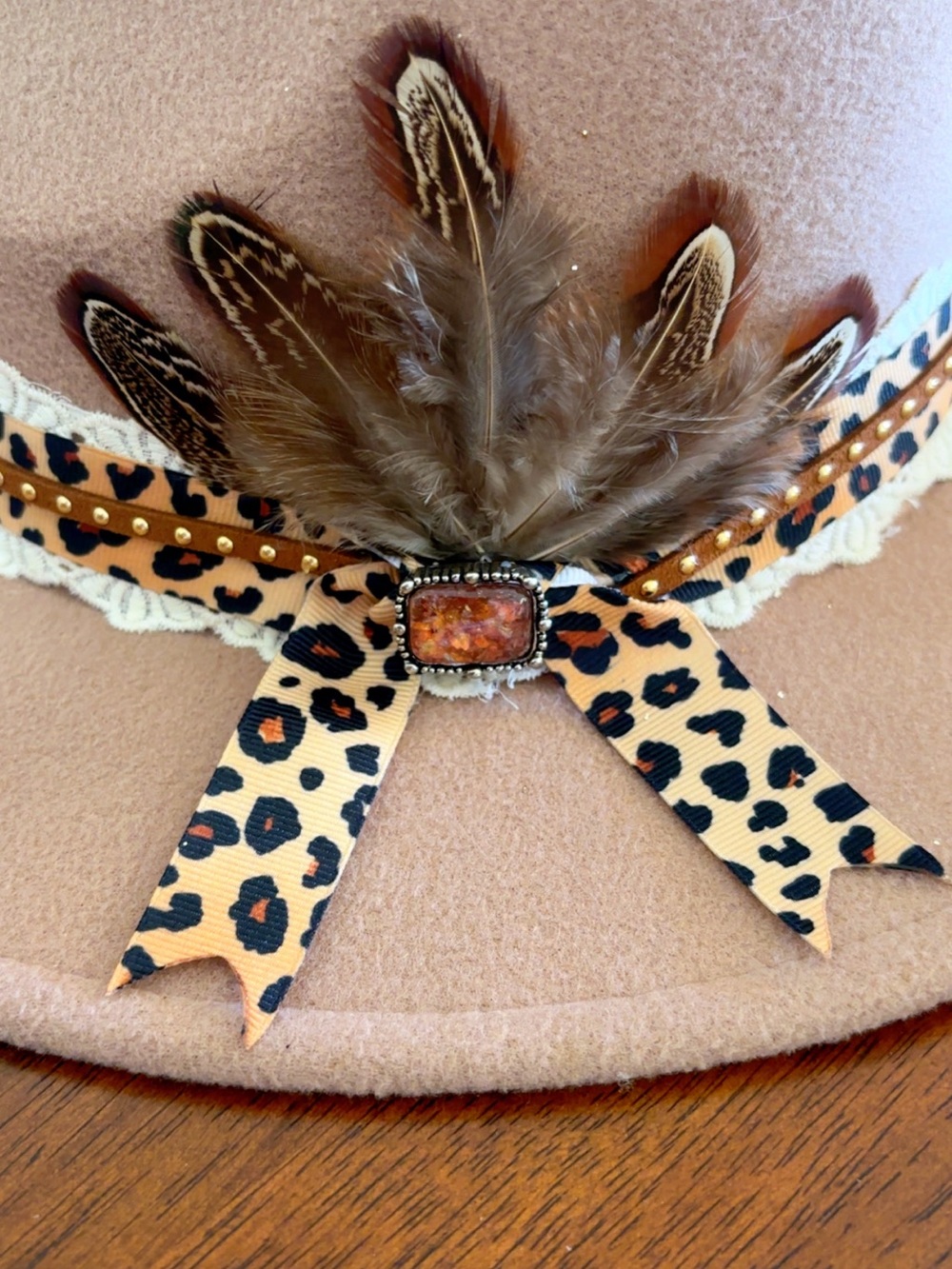 Beige Felt Fedora with Leopard Ribbon, Feather Trim & Amber Stone